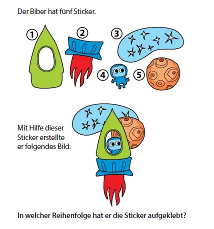 Biber Aufgabe:  Fünf Sticker müssen in die richtige Reihenfolge gebracht werden