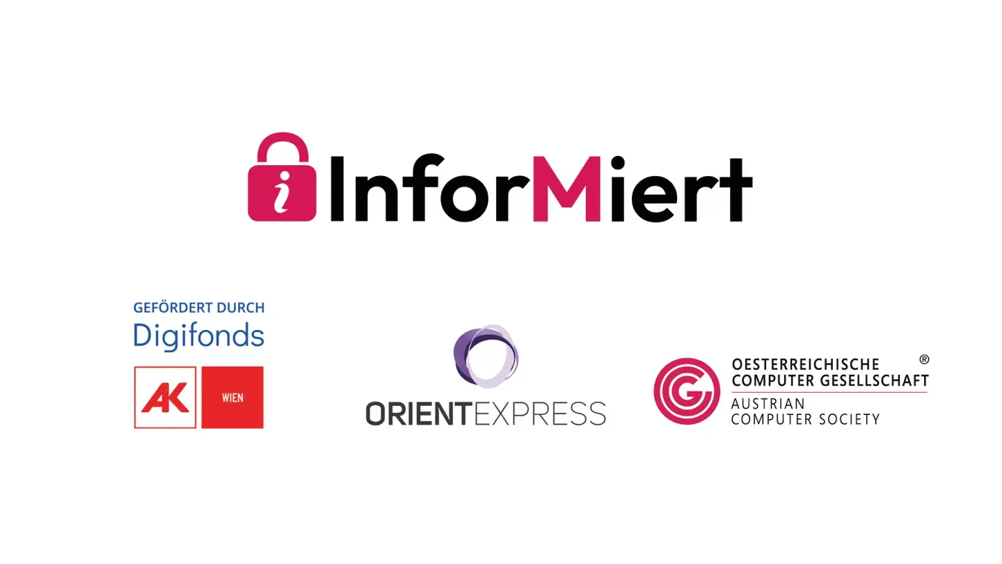 InforMiert Logo, Gefördert durch den Digifonds der AK Wien Logo, Orient Express Logo, OCG Logo