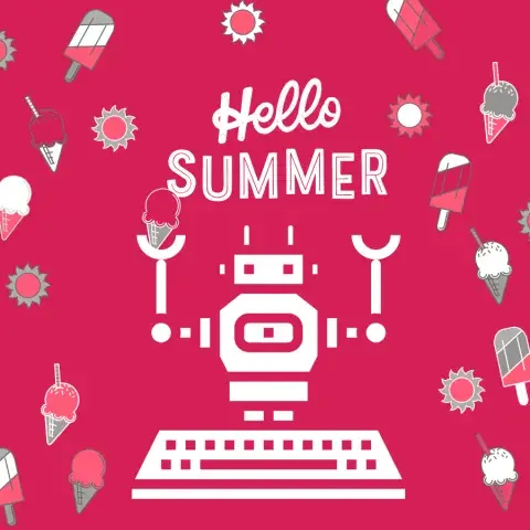 Sommercamp Sujet: Ein Roboter vor einer Tastatur umschwirrt von Eisstanitzel und dem Schriftzug "Hello Summer"